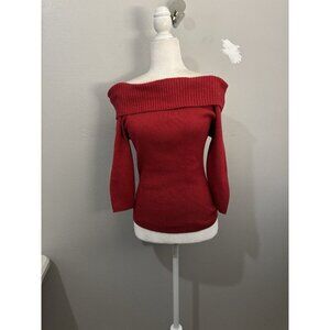 New York And Company Shimmer Red Sweater Off Shoulder Ribbed 3/4 Sleeve Womem Lg